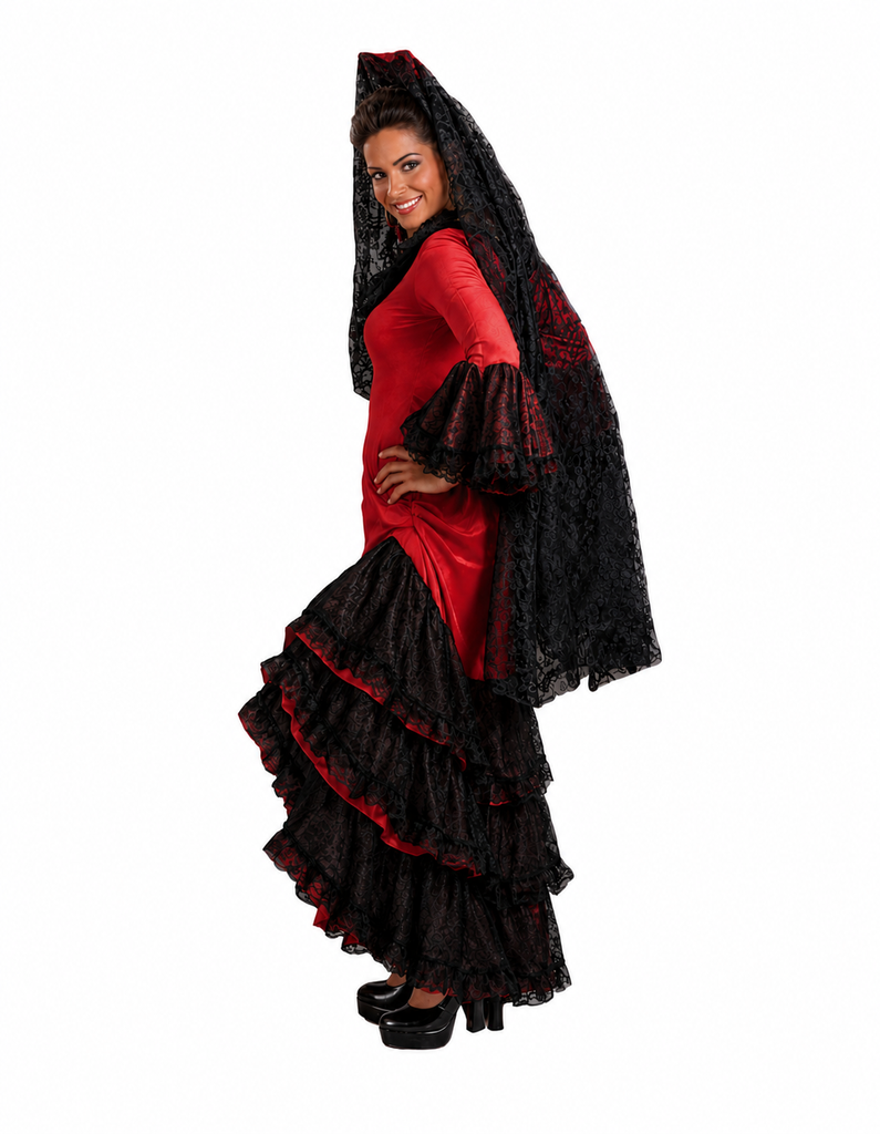 Spanish Senorita Costume / Flamenco Dancer / Spanish Dancer / Professional Black/Red Lace / M (B36 W28 H38)