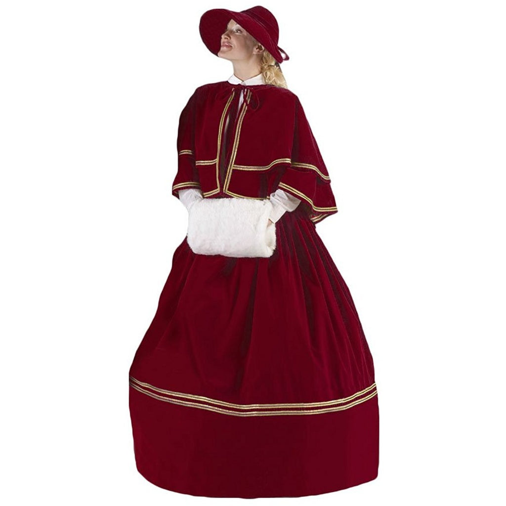 christmas caroling dress Navy Blue Victorian Dickens Christmas Caroling Dress Frock Velvet Cape Gown Gothic Girl Theater Wear (Size: XXXL)