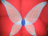 A pair of sheer, translucent butterfly wings with a blue central accent, displayed against a bright red background.