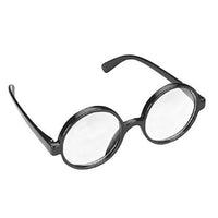 Round black plastic novelty glasses with clear lenses, shown on a plain white background.