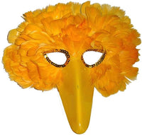 A yellow bird mask with bright yellow feathers around the eyes and a smooth yellow beak, shown against a plain white background.