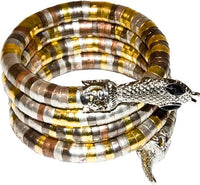 A coiled wrap bracelet made of alternating metallic bands in silver, gold, and bronze tones, featuring a detailed silver snake head clasp on a white background.