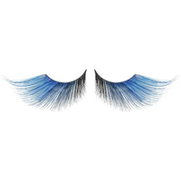 A pair of false eyelashes with a black base and vibrant blue tips, shown against a plain white background.