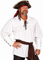 A man modeling a pirate costume consisting of a white long-sleeve tunic shirt with lace-up neck, a dark brown sash, and a black tricorn hat with a red bandana.