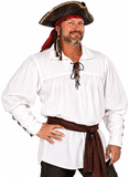 A man modeling a pirate costume consisting of a white long-sleeve tunic shirt with lace-up neck, a dark brown sash, and a black tricorn hat with a red bandana.