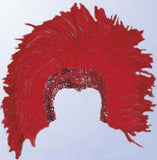 A bright red feathered costume wig hat with a glittery red band, shown against a plain light background.