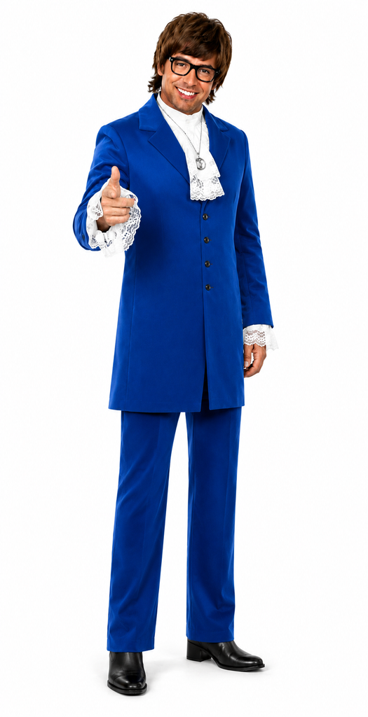 A man modeling a bright blue 1960s-style costume suit with a white ruffled shirt, white lace cuffs, black glasses, and black shoes, standing against a plain white background and giving a thumbs-up.