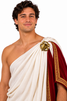 A man wearing a classical Greek-style toga costume, featuring a draped off-white fabric with a gold lion emblem and a deep red border with gold Greek key detailing, set against a plain white background.
