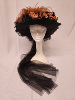 Ladies Black Victorian Touring Hat w/ Black Lace & Antique Brown Crown