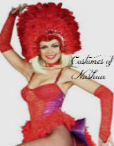 A woman modeling a vibrant red and purple costume with a large red feathered headdress and long red gloves against a plain white background. The text 'Costumes of Natasha' is overlaid on the image.