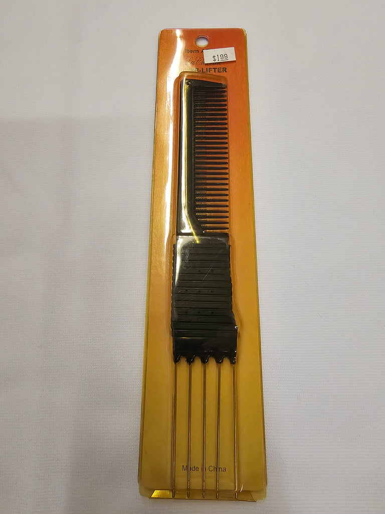 A black hair luster comb in its original orange and yellow cardboard packaging, displayed against a light gray background.