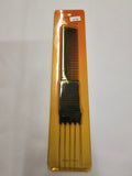 A black hair luster comb in its original orange and yellow cardboard packaging, displayed against a light gray background.