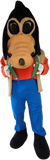 A full-body cartoon mascot costume featuring a large tan snout, black hair, an orange shirt, blue pants, green suspenders, and beige gloves and boots, isolated on a white background.