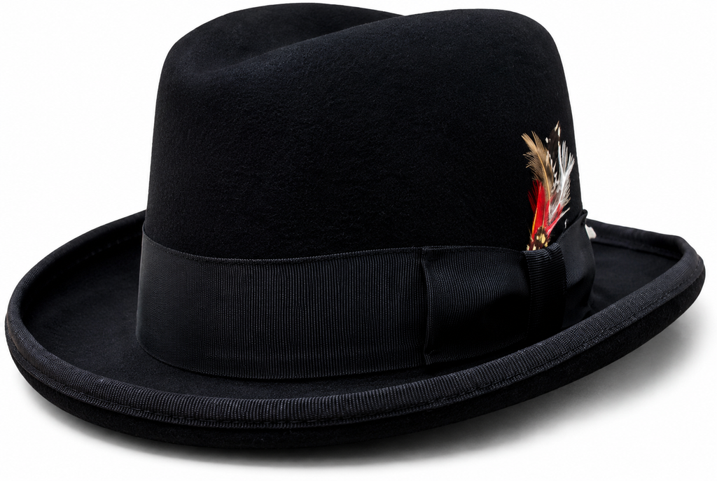 A black felt fedora hat with a matching black ribbon band and a decorative feather accent on the side, shown against a plain white background.