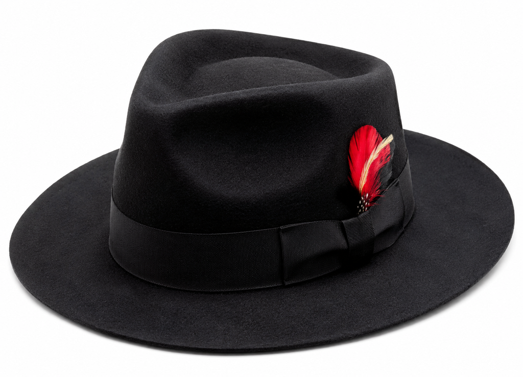 Gangster Hat / Wool Felt with Hat Band and Red Feather Accent