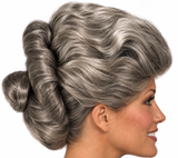 A woman shown in side profile wearing a vintage-style gray and silver updo wig against a plain white background.