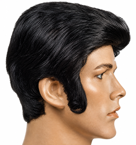 A black 1970s-style pompadour wig with side-swept bangs, shown on a mannequin head in profile against a plain white background.