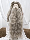 Mannequin head with long gray wig and beard on a white background