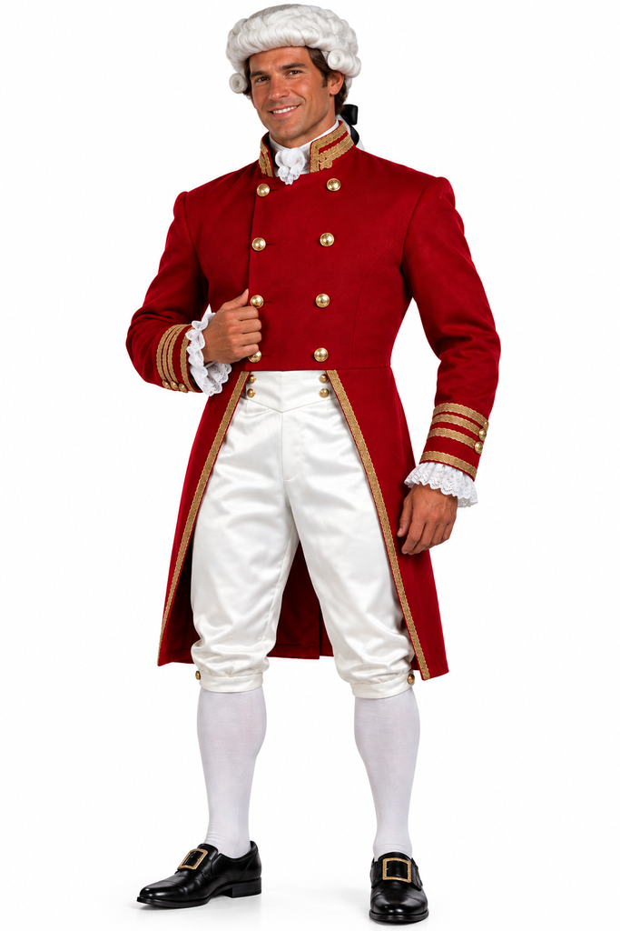 A person wearing a red jacket, white vest, and white knickers with gold detailing, resembling a British officer costume.