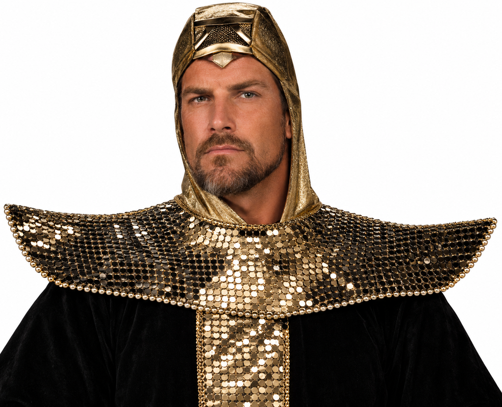 A person wearing a gold lame hood with a textured surface, designed for adults, with a white background.