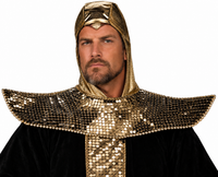 A person wearing a gold lame hood with a textured surface, designed for adults, with a white background.