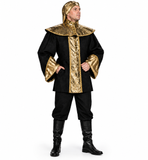 A black renaissance man costume with gold trim and collar, and matching pants. Boots and headpiece are not included.