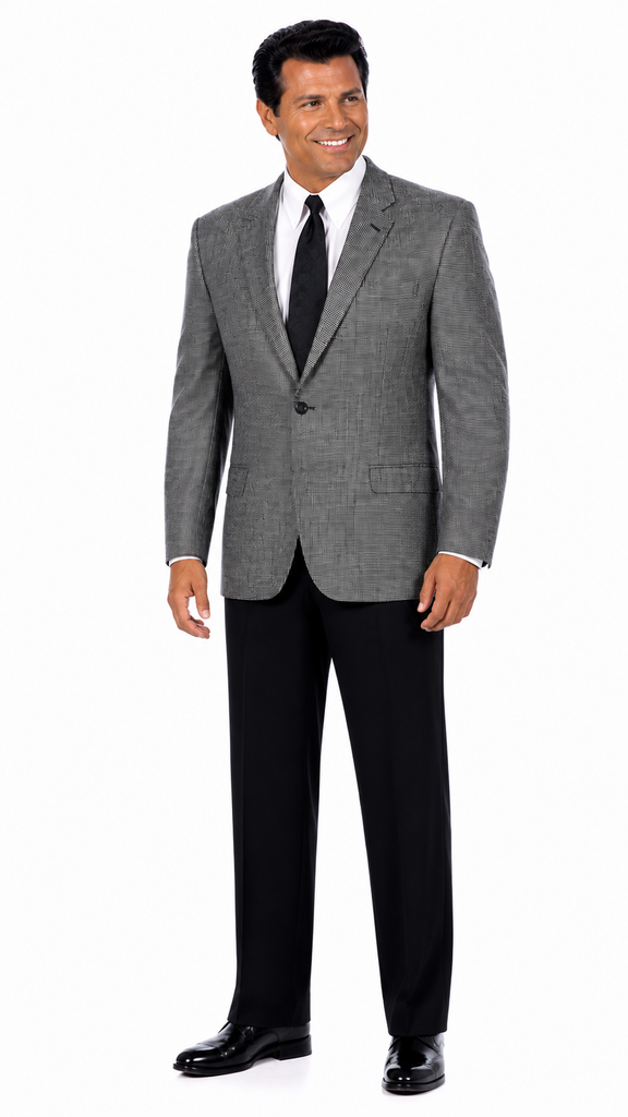 A man modeling a gray two-piece suit with a subtle micro-check pattern, paired with a white dress shirt, black tie, and black dress shoes, standing against a plain white background.