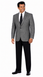 A man modeling a gray two-piece suit with a subtle micro-check pattern, paired with a white dress shirt, black tie, and black dress shoes, standing against a plain white background.