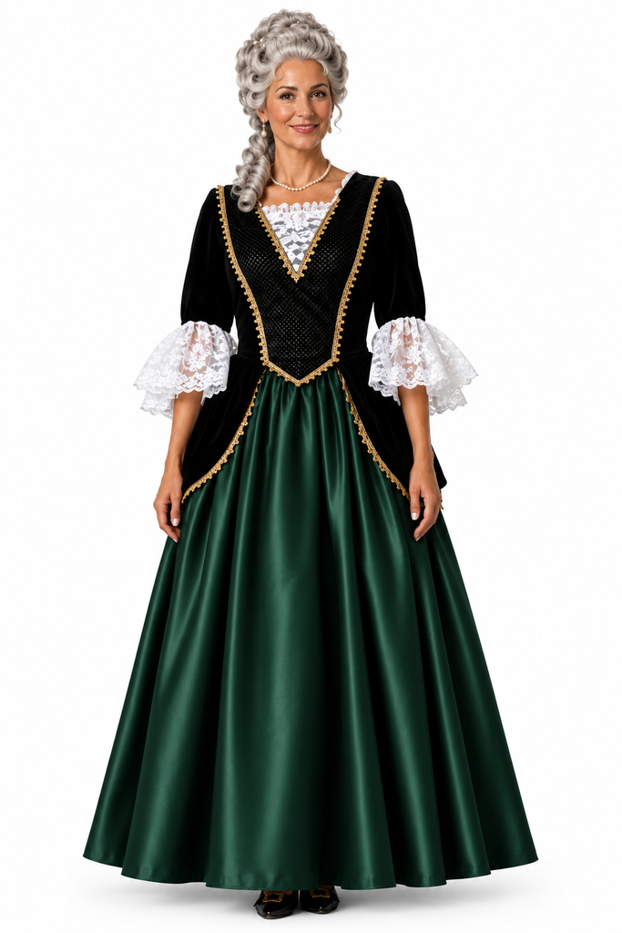 A woman modeling a historical-style costume dress with a black bodice, gold trim, white lace cuffs, and a full dark green skirt, against a plain white background.