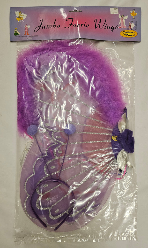Jumbo Furrie wings costume accessory set in retail packaging, featuring purple faux fur wings with glittery silver patterns, and a purple headband.