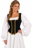 A woman modeling a medieval-style costume dress with a black corset-style bodice, gold trim, and a white long-sleeve gown against a plain white background.