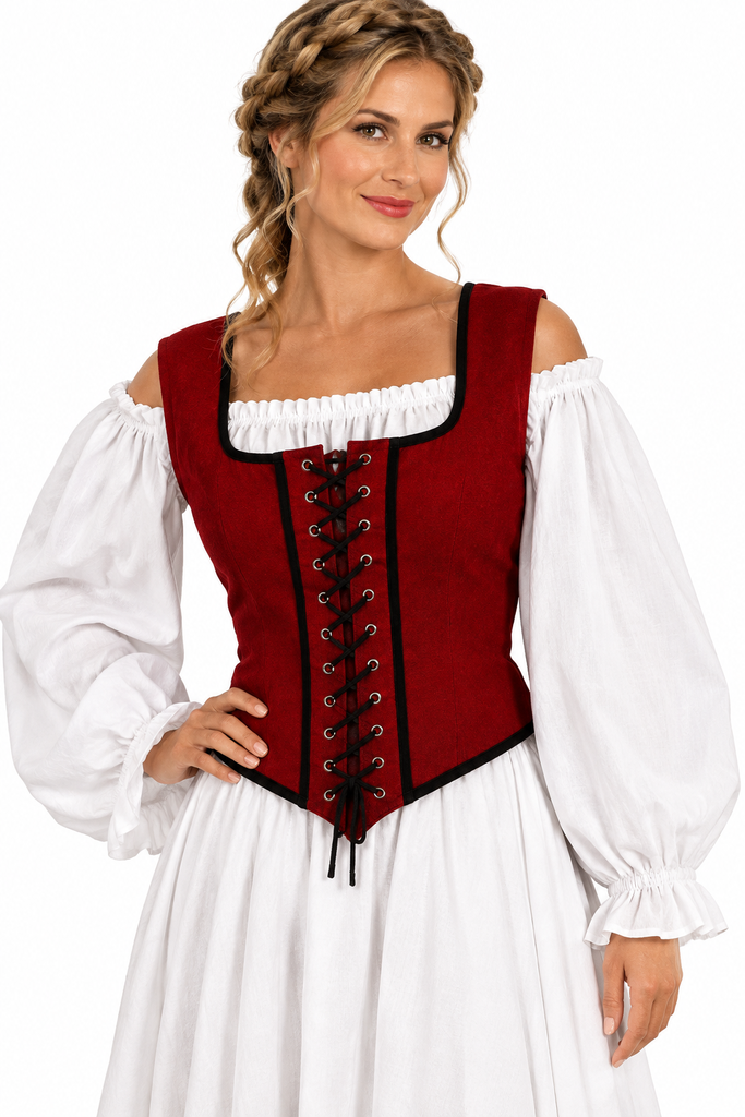 A woman modeling a medieval-style costume consisting of a deep red velvet corset vest with black trim and lace-up front, worn over a white off-the-shoulder long-sleeve dress, on a solid white background.