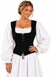 A woman modeling a medieval-style costume dress with a black laced corset vest over a white long-sleeve blouse and white skirt, against a plain white background.