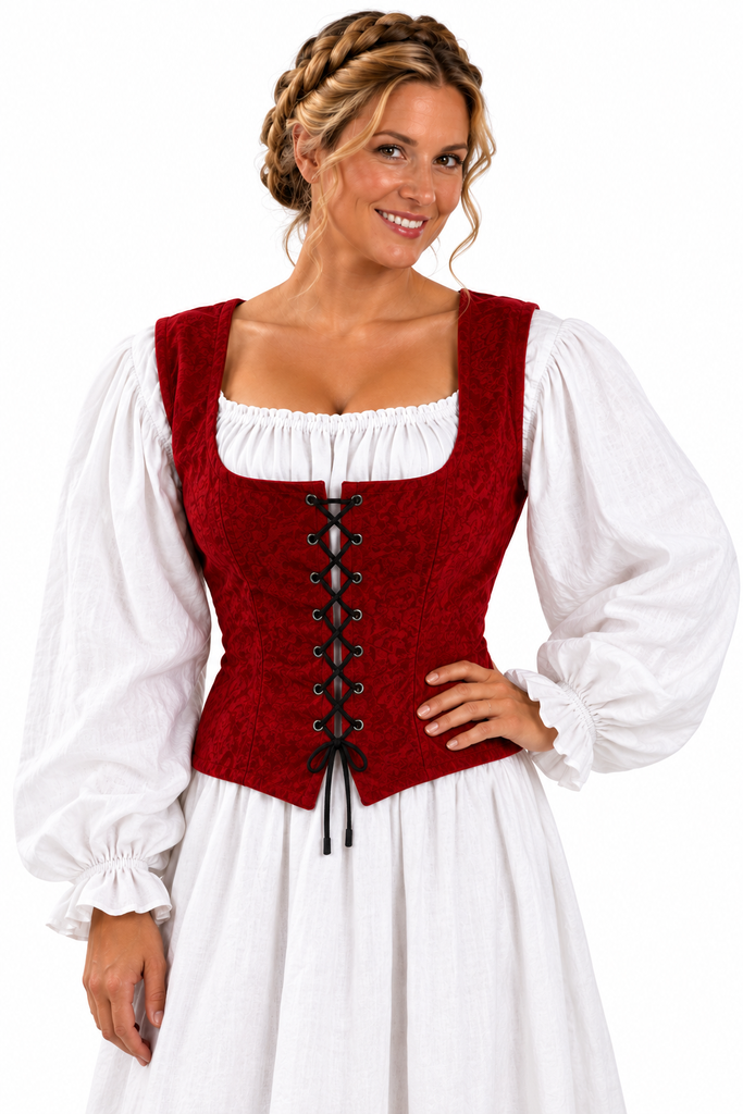 A woman wearing a medieval-style costume dress with a deep red lace-up corset vest over a white long-sleeve blouse and white skirt, photographed against a plain white background.