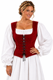 A woman wearing a medieval-style costume dress with a deep red lace-up corset vest over a white long-sleeve blouse and white skirt, photographed against a plain white background.