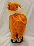 An orange plush costume resembling a cartoon character, shown from the back on a mannequin with a bone-shaped headpiece and a black display stand against a white fabric backdrop.