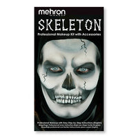 Mehron Makeup 'Skeleton' professional makeup kit with accessories, featuring a black packaging card with a skull face illustration and white text.