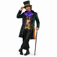 A man modeling a Willy Wonka-style costume consisting of a dark green patterned overcoat, matching trousers, a purple bow tie, a patterned gold vest, a black top hat, and a cane, photographed against a solid white background.