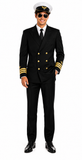 A man modeling a black double-breasted captain costume jacket with gold buttons and epaulettes, matching black trousers, a white shirt, black tie, and a white captain's hat with a gold insignia, set against a plain white background.