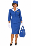 A woman in a vintage Pan Am stewardess costume, consisting of a blue jacket, skirt, and hat, holding a flight bag.