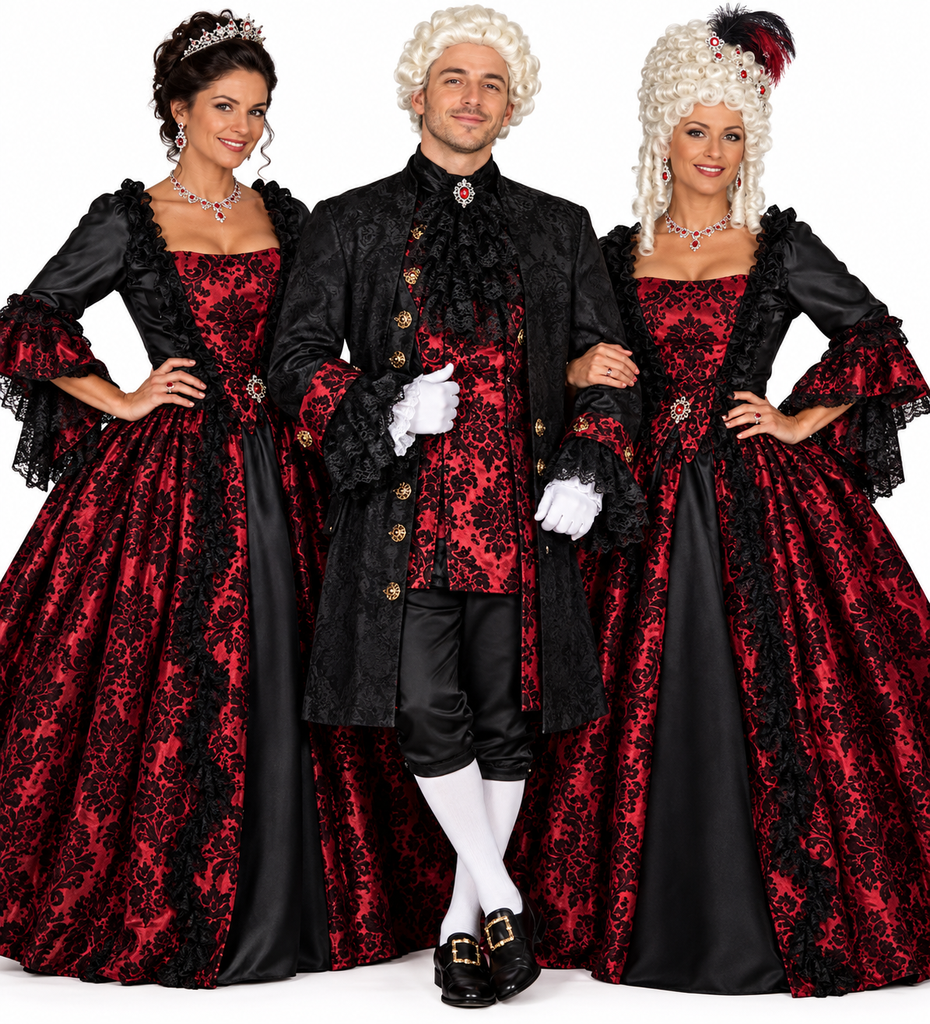 A man with 2 woman modeling a historical or period costume consisting of a black doublet jacket with red patterned trim, black breeches, white stockings, white gloves, and a white powdered wig, photographed against a plain white background.