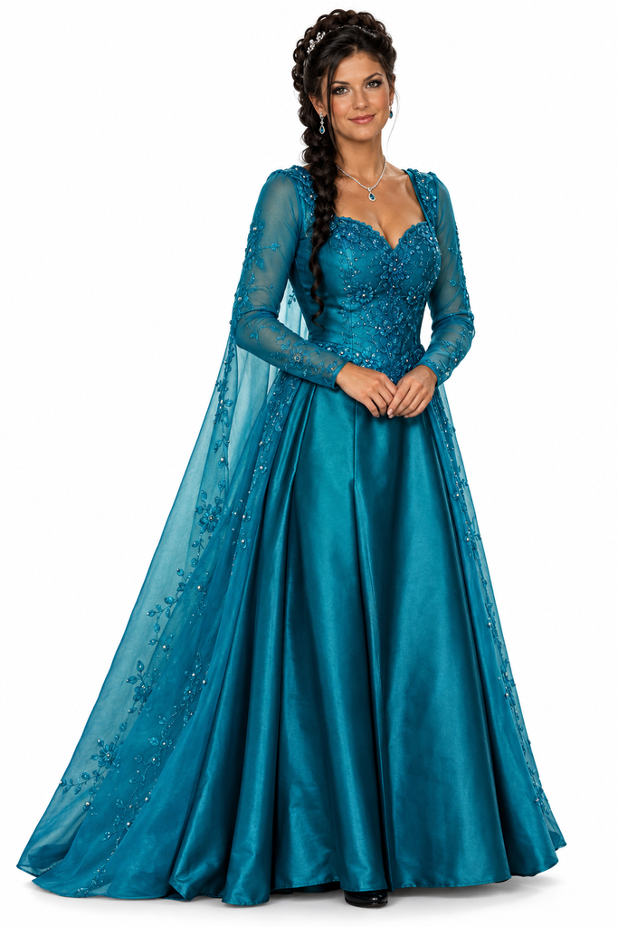 A costume dress featuring a blue satin gown with a jeweled bodice and a silver-printed cape, designed to resemble an ice queen or princess.