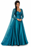A costume dress featuring a blue satin gown with a jeweled bodice and a silver-printed cape, designed to resemble an ice queen or princess.
