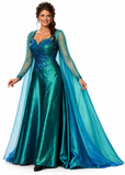 A costume dress featuring a blue satin gown with a jeweled bodice and a silver-printed cape, designed to resemble an ice queen or princess.