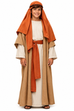 A child's costume depicting Moses, consisting of a beige robe, an orange cape, and a white headpiece.