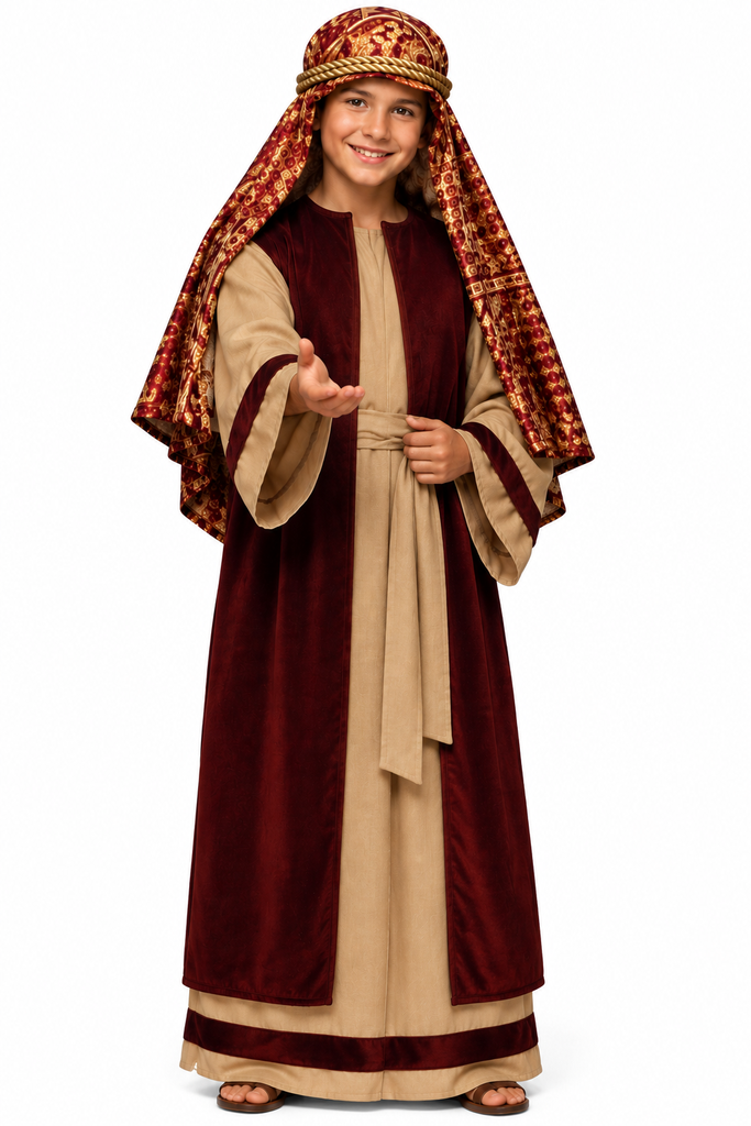 A child-sized shepherd costume with a beige tunic, brown overrobe, belt, and headscarf.
