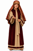 A child-sized shepherd costume with a beige tunic, brown overrobe, belt, and headscarf.
