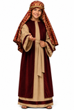 A child-sized shepherd costume with a beige tunic, brown overrobe, belt, and headscarf.