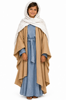 A child's costume depicting the Virgin Mary, consisting of a blue gown, beige cape, and a white headscarf.