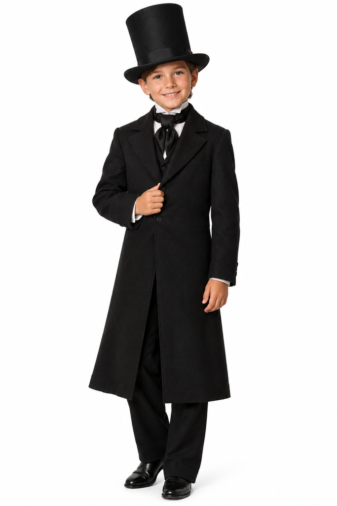 Child-sized Abe Lincoln costume with a black jacket and bow tie.